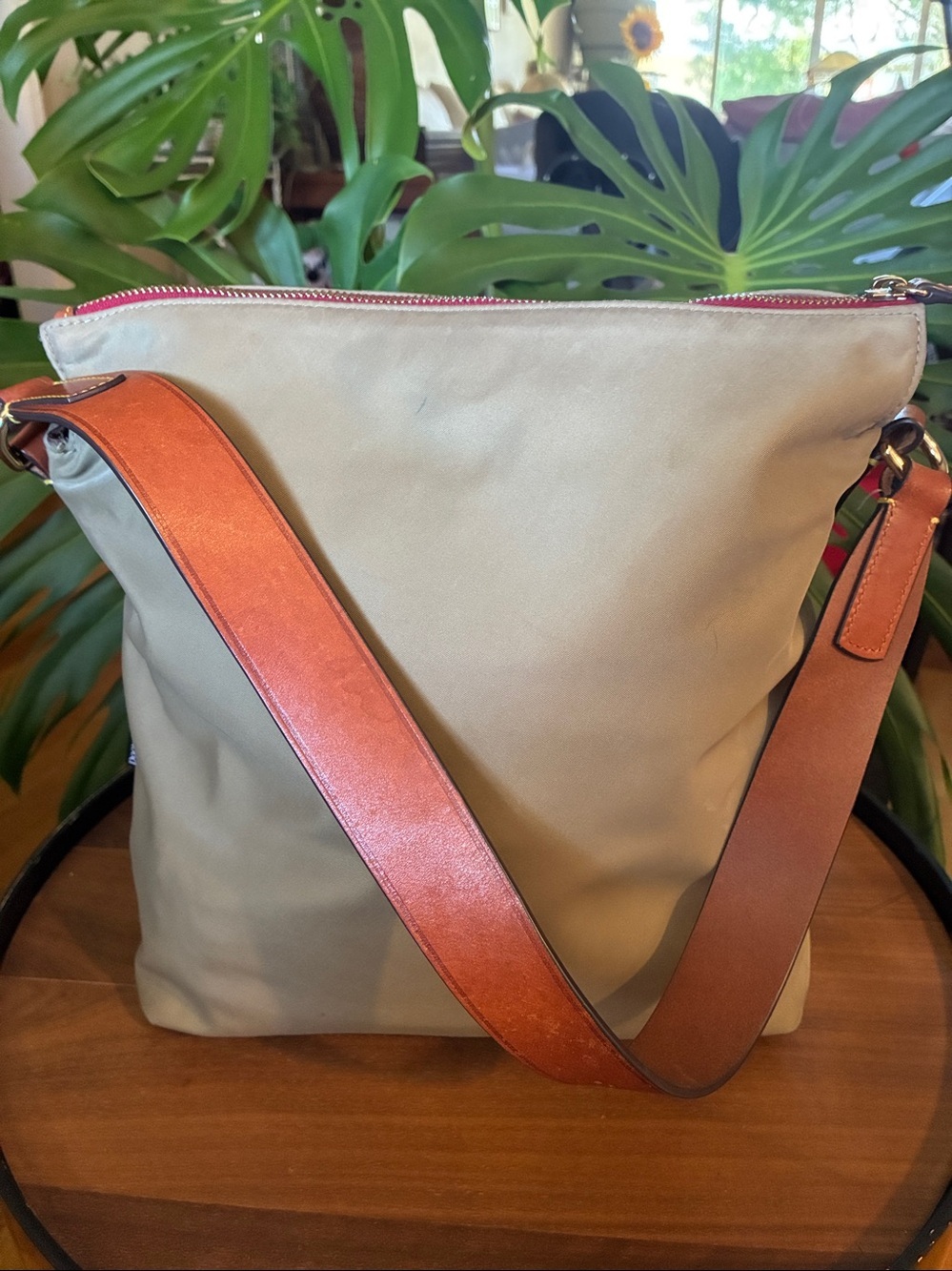Dooney & Bourke Tan Satchel Nylon⁹ Hobo Bag with Brown Leather Trim - Picture 2 of 9
